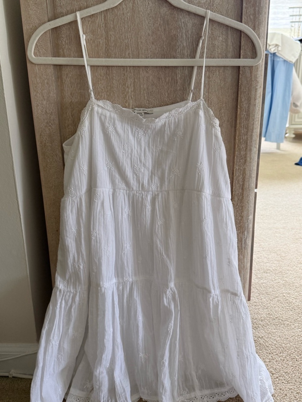 American Eagle Solid Embroidered Tiered Babydoll Dress